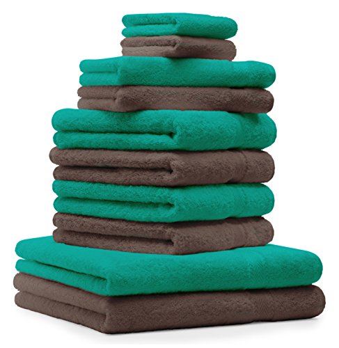 Betz 10-TLG. Handtuch-Set Premium 100% Baumwolle 2 Duschtücher 4 Handtücher 2 Gästetücher 2 Waschhandschuhe Farbe Smaragd Grün & Nuss Braun von Betz