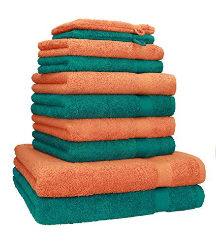 Betz 10-TLG. Handtuch-Set Premium 100% Baumwolle 2 Duschtücher 4 Handtücher 2 Gästetücher 2 Waschhandschuhe Farbe Smaragd Grün & Orange Terra von Betz