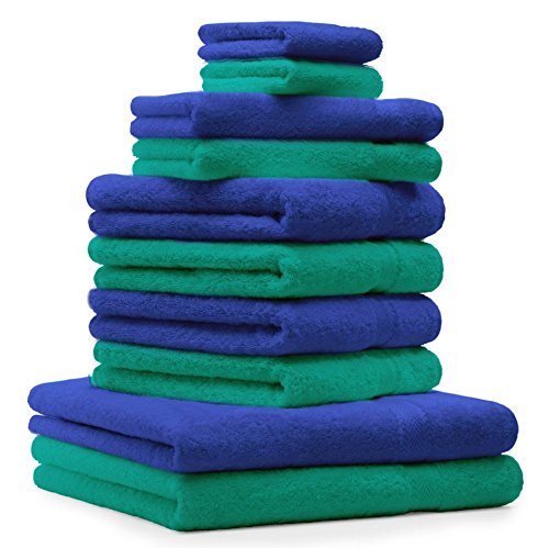 Betz 10 TLG. Handtuch Set Premium 100% Baumwolle 2 Duschtücher 4 Handtücher 2 Gästetücher 2 Waschhandschuhe Farbe Smaragd Grün & Royal Blau von Betz