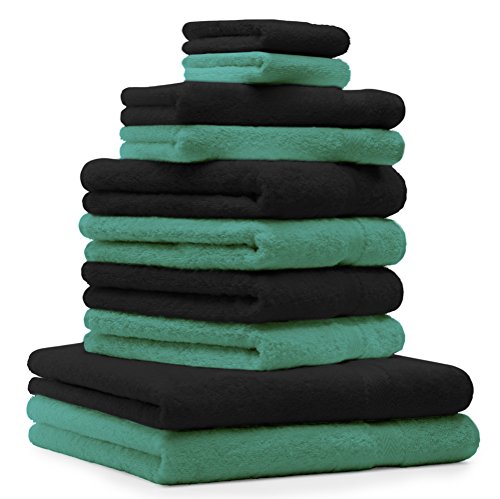 Betz 10-TLG. Handtuch-Set Premium 100% Baumwolle 2 Duschtücher 4 Handtücher 2 Gästetücher 2 Waschhandschuhe Farbe Smaragd Grün & Schwarz von Betz