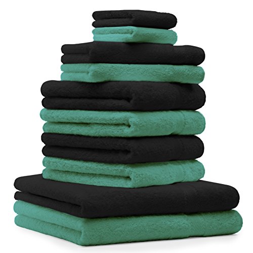 Betz 10-TLG. Handtuch-Set Premium 100% Baumwolle 2 Duschtücher 4 Handtücher 2 Gästetücher 2 Waschhandschuhe Farbe Smaragd & Schwarz von Betz
