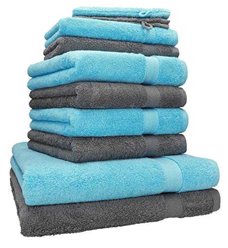 Betz Premium 10er Handtuch-Set - 2X Duschtücher - 4X Handtücher - 2X Gästetücher - 2X Waschhandschuhe Farbe Türkis & Anthrazit von Betz