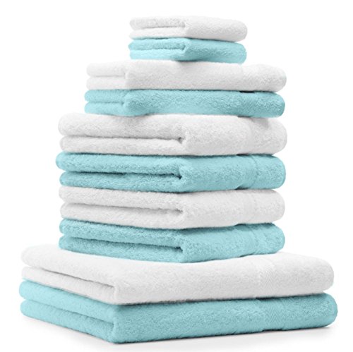 Betz 10-TLG. Handtuch-Set Premium 100% Baumwolle 2 Duschtücher 4 Handtücher 2 Gästetücher 2 Waschhandschuhe Farbe Türkis & Weiß von Betz