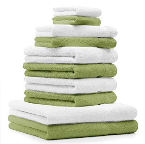 Betz 10-TLG. Handtuch-Set Premium 100% Baumwolle 2 Duschtücher 4 Handtücher 2 Gästetücher 2 Waschhandschuhe Farbe Weiß & Apfel Grün von Betz