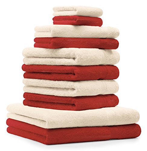 Betz 10-TLG. Handtuch-Set Premium 100% Baumwolle 2 Duschtücher 4 Handtücher 2 Gästetücher 2 Waschhandschuhe Farbe rot und beige von Betz