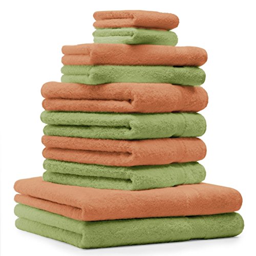Betz 10-TLG. Handtuch-Set Premium 100% Baumwolle 2 Duschtücher 4 Handtücher 2 Gästetücher 2 Waschhandschuhe Farbe Orange Terra & Apfel Grün von Betz