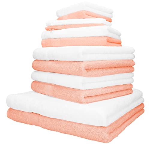 Betz 12-TLG. Handtuch-Set Palermo 100% Baumwolle 2 Liegetücher 4 Handtücher 2 Gästetücher 2 Seiftücher 2 Waschhandschuhe Farbe apricot und weiß von Betz