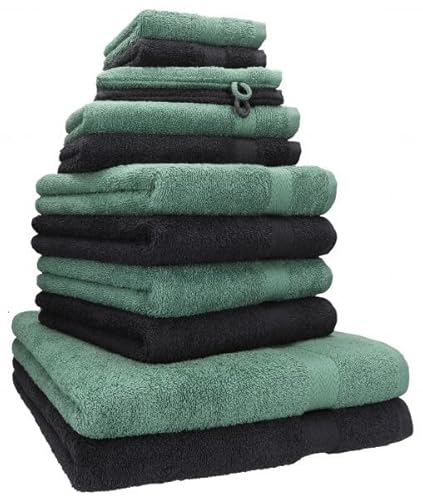 Betz 12-TLG. Handtuch Set Premium 100% Baumwolle 2 Duschtücher 4 Handtücher 2 Gästetücher 2 Seiftücher 2 Waschhandschuhe Farbe Graphit/tannengrün von Betz