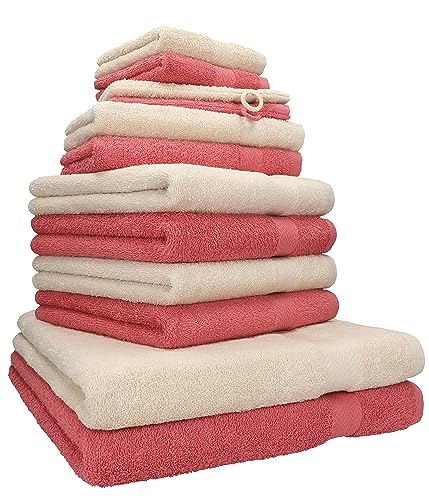 Betz 12-TLG. Handtuch Set Premium 100% Baumwolle 2 Duschtücher 4 Handtücher 2 Gästetücher 2 Seiftücher 2 Waschhandschuhe Farbe Sand/Himbeere von Betz