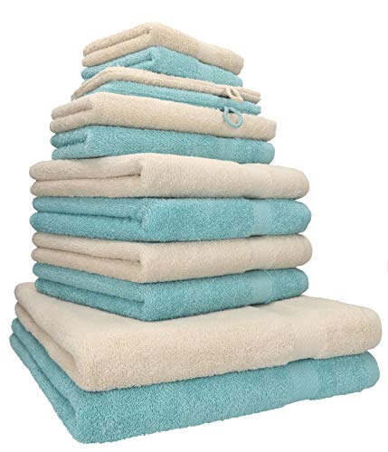 Betz 12-TLG. Handtuch Set Premium 100% Baumwolle 2 Duschtücher 4 Handtücher 2 Gästetücher 2 Seiftücher 2 Waschhandschuhe Farbe Sand/Ocean von Betz