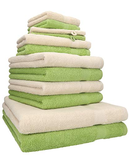 Betz 12-TLG. Handtuch Set Premium 100% Baumwolle 2 Duschtücher 4 Handtücher 2 Gästetücher 2 Seiftücher 2 Waschhandschuhe Farbe Sand/avocadogrün von Betz