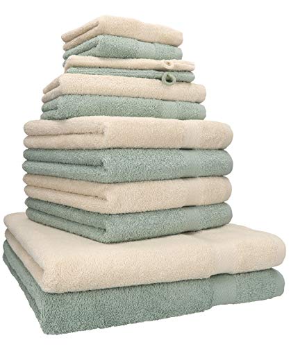 Betz 12-TLG. Handtuch Set Premium 100% Baumwolle 2 Duschtücher 4 Handtücher 2 Gästetücher 2 Seiftücher 2 Waschhandschuhe Sand/heugrün von Betz