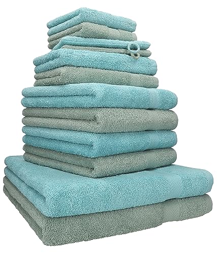 Betz 12-TLG. Handtuch Set Premium 100% Baumwolle 2 Duschtücher 4 Handtücher 2 Gästetücher 2 Seiftücher 2 Waschhandschuhe Farbe heugrün/Ocean von Betz