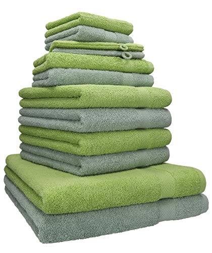 Betz 12-TLG. Handtuch Set Premium 100% Baumwolle 2 Duschtücher 4 Handtücher 2 Gästetücher 2 Seiftücher 2 Waschhandschuhe Farbe heugrün/avocadogrün von Betz