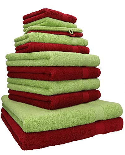 Betz 12-TLG. Handtuch Set Premium 100% Baumwolle 2 Duschtücher 4 Handtücher 2 Gästetücher 2 Seiftücher 2 Waschhandschuhe Farbe rubinrot/avocadogrün von Betz