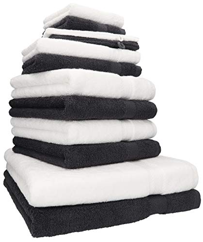Betz 12-TLG. Handtuch Set Premium 100% Baumwolle 2 Duschtücher 4 Handtücher 2 Gästetücher 2 Seiftücher 2 Waschhandschuhe Farbe weiß/Graphit grau von Betz