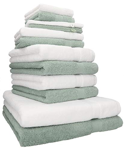 Betz 12-TLG. Handtuch Set Premium 100% Baumwolle 2 Duschtücher 4 Handtücher 2 Gästetücher 2 Seiftücher 2 Waschhandschuhe Farbe weiß/heugrün von Betz