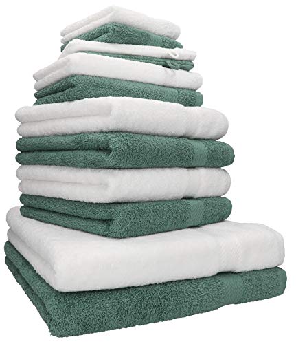 Betz 12-TLG. Handtuch Set Premium 100% Baumwolle 2 Duschtücher 4 Handtücher 2 Gästetücher 2 Seiftücher 2 Waschhandschuhe Farbe weiß/tannengrün von Betz
