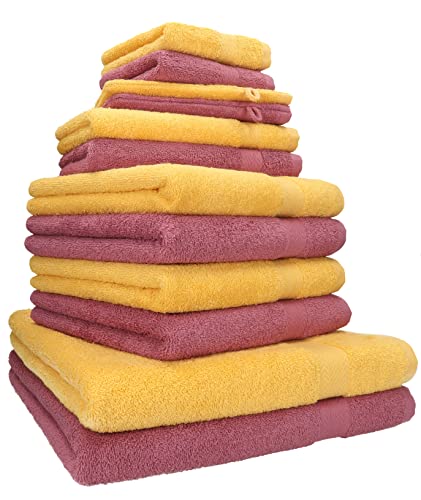 Betz 12-TLG. Handtuch Set Premium 100% Baumwolle 2 Duschtücher 4 Handtücher 2 Gästetücher 2 Seiftücher 2 Waschhandschuhe honiggelb/Beere von Betz