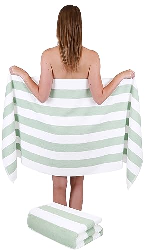 Betz 2 Stück Saunatuch Saunatücher Set Badetuch 100% Baumwolle Berlin Größe 70x180 cm XXL Sauna Handtuch Weich Groß Streifen Farbe weiß - Jade von Betz