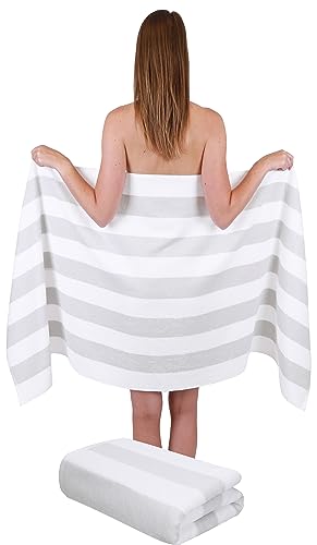 Betz 2 Stück Saunatuch Saunatücher Set Badetuch 100% Baumwolle Berlin Größe 70x180 cm XXL Sauna Handtuch Weich Groß Streifen Farbe weiß - Silbergrau von Betz