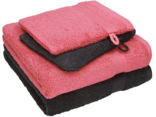 Betz 4 TLG. Handtuch Set Happy Pack 100% Baumwolle 2 Handtücher 2 Waschhandschuhe Graphit grau - Himbeere von Betz