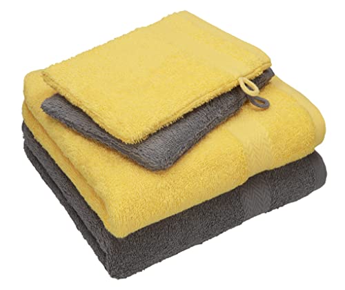 Betz 4 TLG. Handtuch Set Happy Pack 100% Baumwolle 2 Handtücher 2 Waschhandschuhe anthrazit grau - gelb von Betz