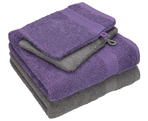 Betz 4 TLG. Handtuch Set Happy Pack 100% Baumwolle 2 Handtücher - 2 Waschhandschuhe - weich und saugstark | Farbe anthrazit grau/lila von Betz