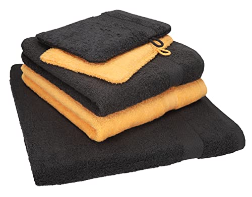 Betz 5 TLG. Handtuch Set Single Pack 100% Baumwolle 1 Duschtuch 2 Handtücher 2 Waschhandschuhe (Graphit grau - honiggelb) von Betz