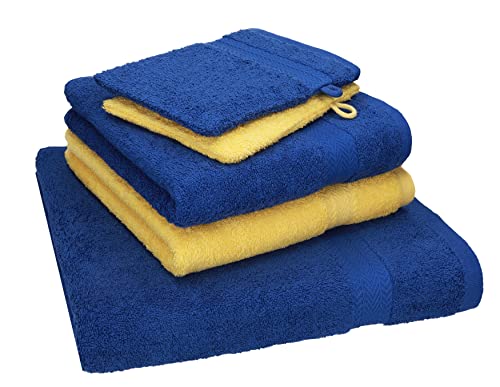 Betz 5 TLG. Handtuch Set Single Pack 100% Baumwolle 1 Duschtuch 2 Handtücher 2 Waschhandschuhe Farbe Royalblau - gelb 250806 von Betz