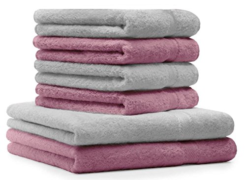 Betz 6-TLG. Handtuch-Set Premium 100% Baumwolle 2 Duschtücher 4 Handtücher Farbe Silbergrau und Altrosa von Betz