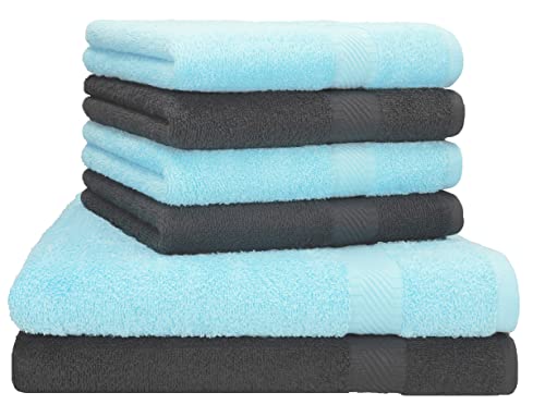 Betz 6er Handtuch Set Palermo 2 Stück Duschtücher 70x140 cm 4 Stück Handtücher 50x100 cm Liegetuch Saunatuch - anthrazit - türkis von Betz