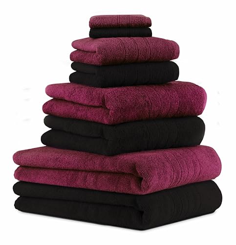 Betz 8er Set Handtücher Handtuch Deluxe 100% Baumwolle 2 Badetücher 2 Duschtücher 2 Handtücher 2 Seiftücher Farbe Pflaume und schwarz von Betz