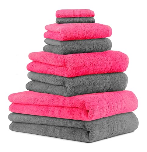 Betz 8er Set Handtücher Handtuch Deluxe 100% Baumwolle 2 Badetücher 2 Duschtücher 2 Handtücher 2 Seiftücher Farbe anthrazit grau und Fuchsia von Betz