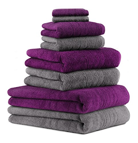 Betz 8er Set Handtücher Handtuch DELUXE 100% Baumwolle 2 Badetücher 2 Duschtücher 2 Handtücher 2 Seiftücher Farbe anthrazit grau und Pflaume von Betz