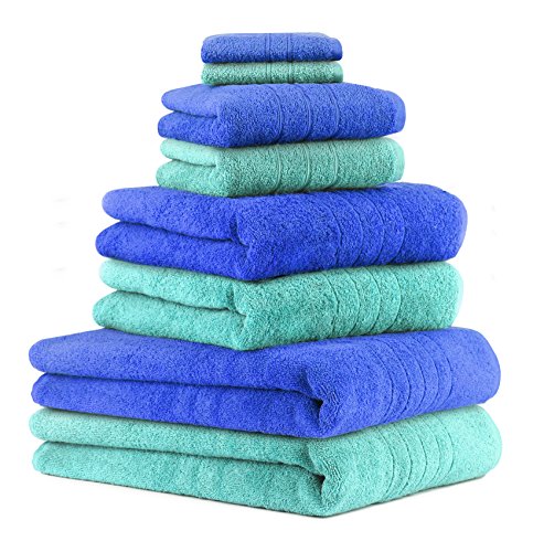 Betz 8er Set Handtücher Handtuch Deluxe 100% Baumwolle 2 Badetücher 2 Duschtücher 2 Handtücher 2 Seiftücher Farbe türkis und blau von Betz