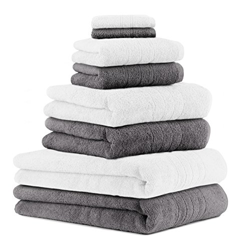 Betz 8er Set Handtücher Handtuch Deluxe 100% Baumwolle 2 Badetücher 2 Duschtücher 2 Handtücher 2 Seiftücher Farbe weiß und anthrazit grau von Betz