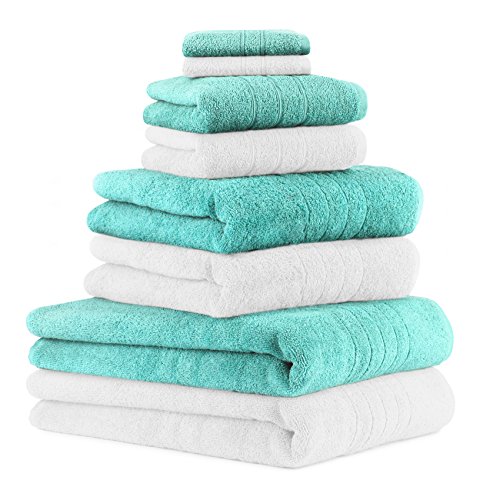 Betz 8er Set Handtücher Handtuch Deluxe 100% Baumwolle 2 Badetücher 2 Duschtücher 2 Handtücher 2 Seiftücher Farbe weiß und türkis von Betz