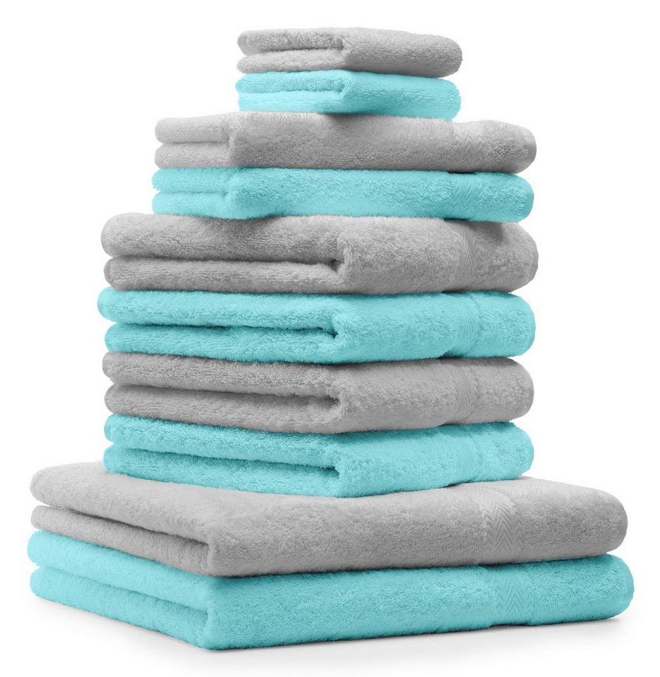 Betz Handtuch Set 10-TLG. Handtuch-Set Premium 100% Baumwolle 2 Duschtücher 4 Handtücher 2 Gästetücher 2 Waschhandschuhe Farbe Silber Grau & Türkis, 100% Baumwolle von Betz