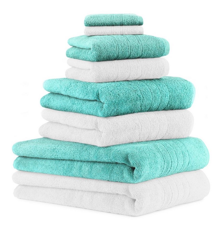 Betz Handtuch Set »8-TLG. Handtuch-Set Deluxe 100% Baumwolle 2 Badetücher 2 Duschtücher 2 Handtücher 2 Seiftücher Farbe weiß und türkis« (8-tlg) von Betz
