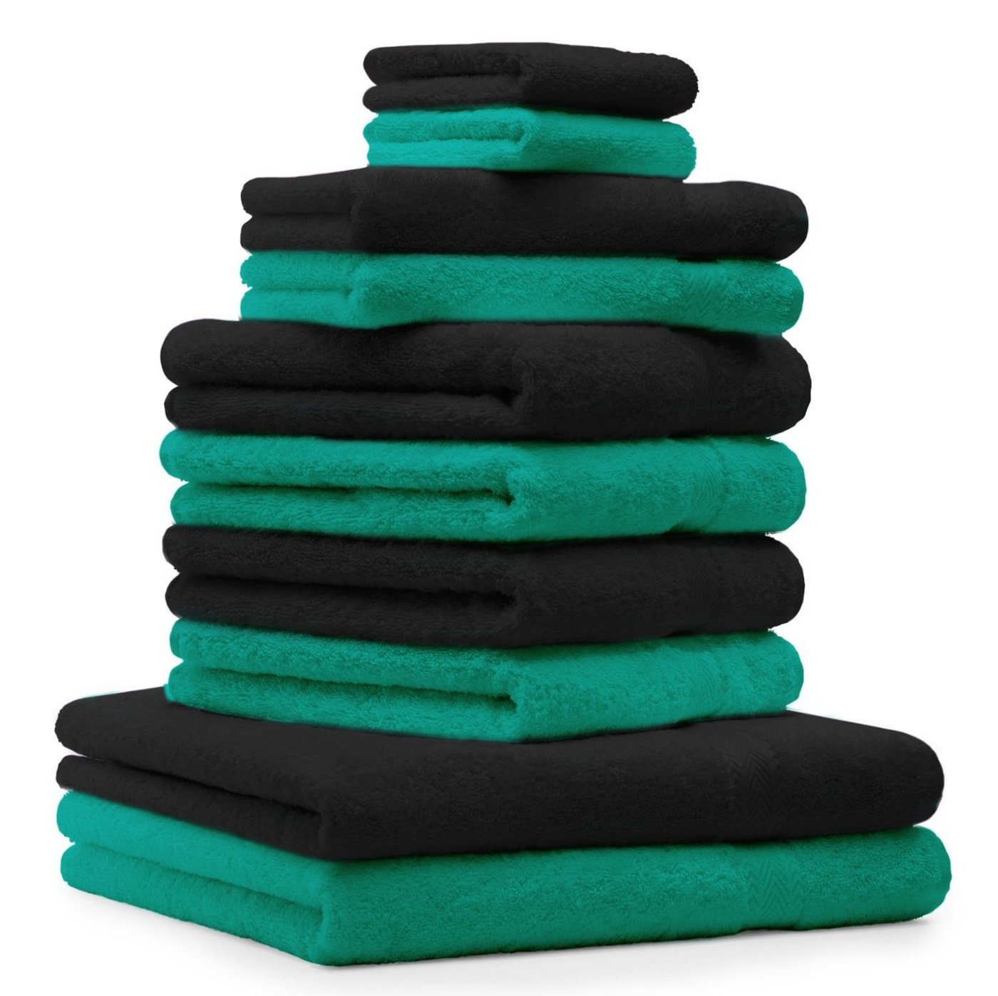 Betz Handtuch Set »10-TLG. Handtuch-Set Premium 100% Baumwolle 2 Duschtücher 4 Handtücher 2 Gästetücher 2 Waschhandschuhe Farbe Smaragd Grün & Schwarz« von Betz