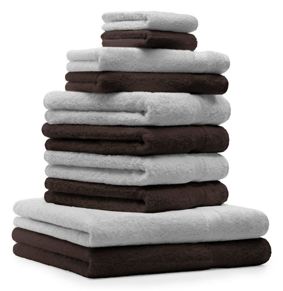 Betz Handtuch Set 10-TLG. Handtuch-Set Premium 100% Baumwolle 2 Duschtücher 4 Handtücher 2 Gästetücher 2 Waschhandschuhe Farbe Silber Grau & Dunkel Braun, 100% Baumwolle von Betz