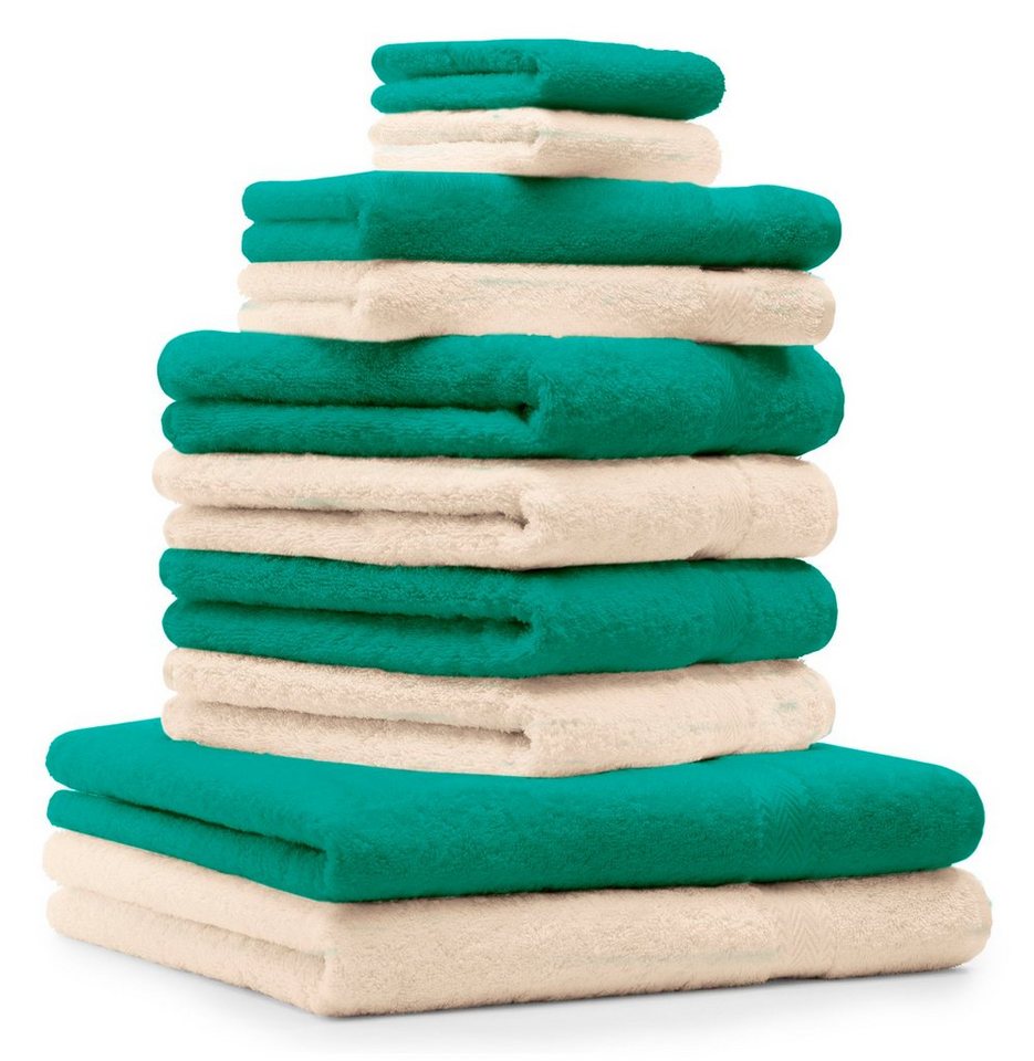 Betz Handtuch Set 10-TLG. Handtuch-Set Premium 100% Baumwolle 2 Duschtücher 4 Handtücher 2 Gästetücher 2 Waschhandschuhe Farbe Smaragd Grün & Beige, 100% Baumwolle von Betz