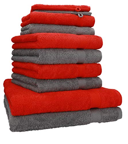 Betz Premium Frottier Handtuch-Set 10-teilig - 2X Duschtücher - 4X Handtücher - 2X Gästetücher - 2X Seiftücher - 2X Waschhandschuhe - Farbe Rot & Anthrazit von Betz