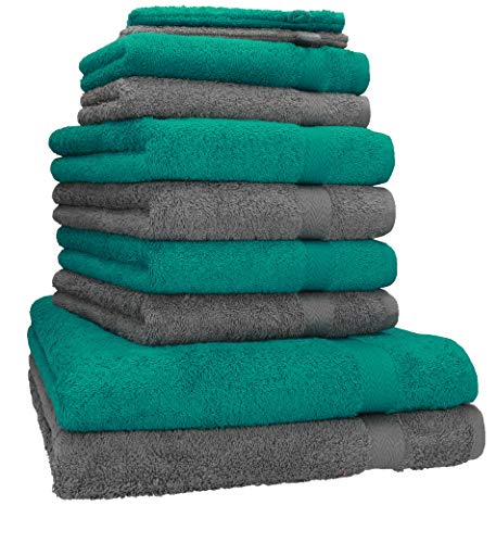 Betz Premium Frottier Handtuch-Set 10-teilig - 2X Duschtücher - 4X Handtücher - 2X Gästetücher - 2X Waschhandschuhe - Smaragd Grün & Anthrazit von Betz