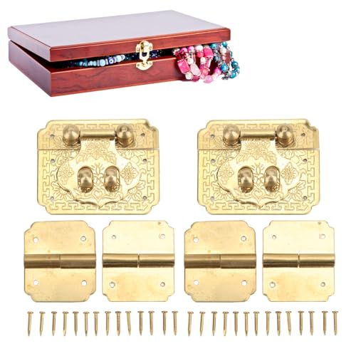 2 Set Box Lock -Schnalle -Scharniere, Schmuckschachtel HaSp -Latch und Scharniere Vintage Messing -Hardware mit Nägeln zur Reparatur und Dekoration von Beufee