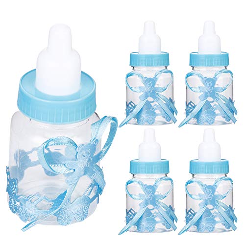 24 Stück Babyflasche für die Dusche, Mini-Plastik-Süßigkeitsflasche mit Fliege, schöne blaue befüllbare Flasche für Jungen und Mädchen, Neugeborene, Taufe, Geburtstag, Party-Dekoration von Beufee