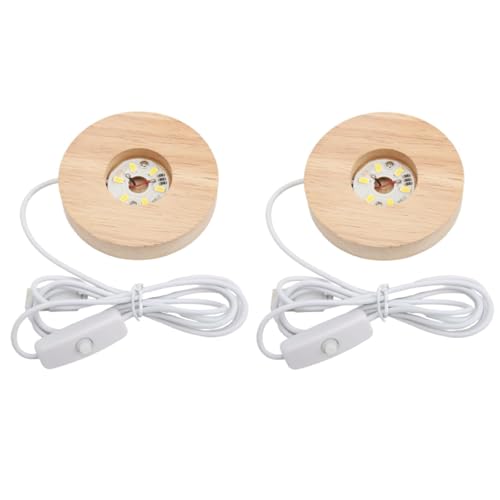 2 Stück LED-Lichtsockel, runde LED-Lichter-Display-Basis, Holz-Licht-Display-Ständer für 3D-Kristallglas-Harz, warmweißes buntes Licht, nur USB (White Light) von Beufee