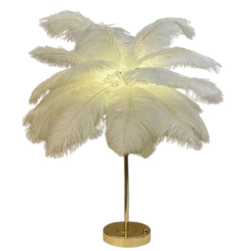 Beufee Federn-Lampe, USB-Straußenfedern-Lampe, Federn-Tischlampe, Licht mit 30 Stück Federn, Touch-Schalter, 3-Farben-Dimm-Schreibtischlampe für Schlafzimmer von Beufee