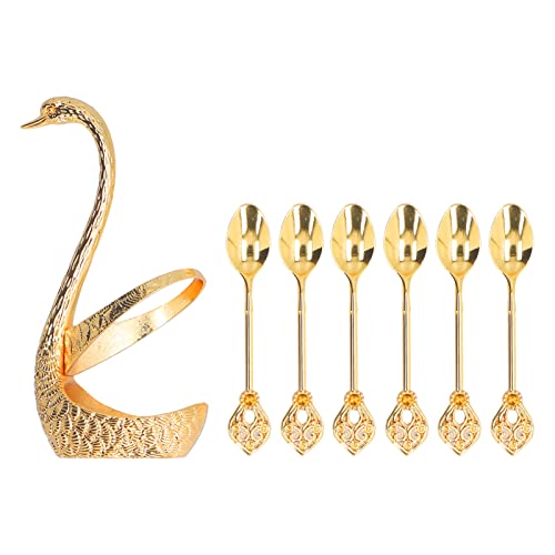 Metall Kaffee Dessert Löffel Set, Obst Dessert Wohnung Schwan Basishalter Löffel Organizer mit 6pcs Kaffee Zucker Eiscreme Schaufel von Beufee